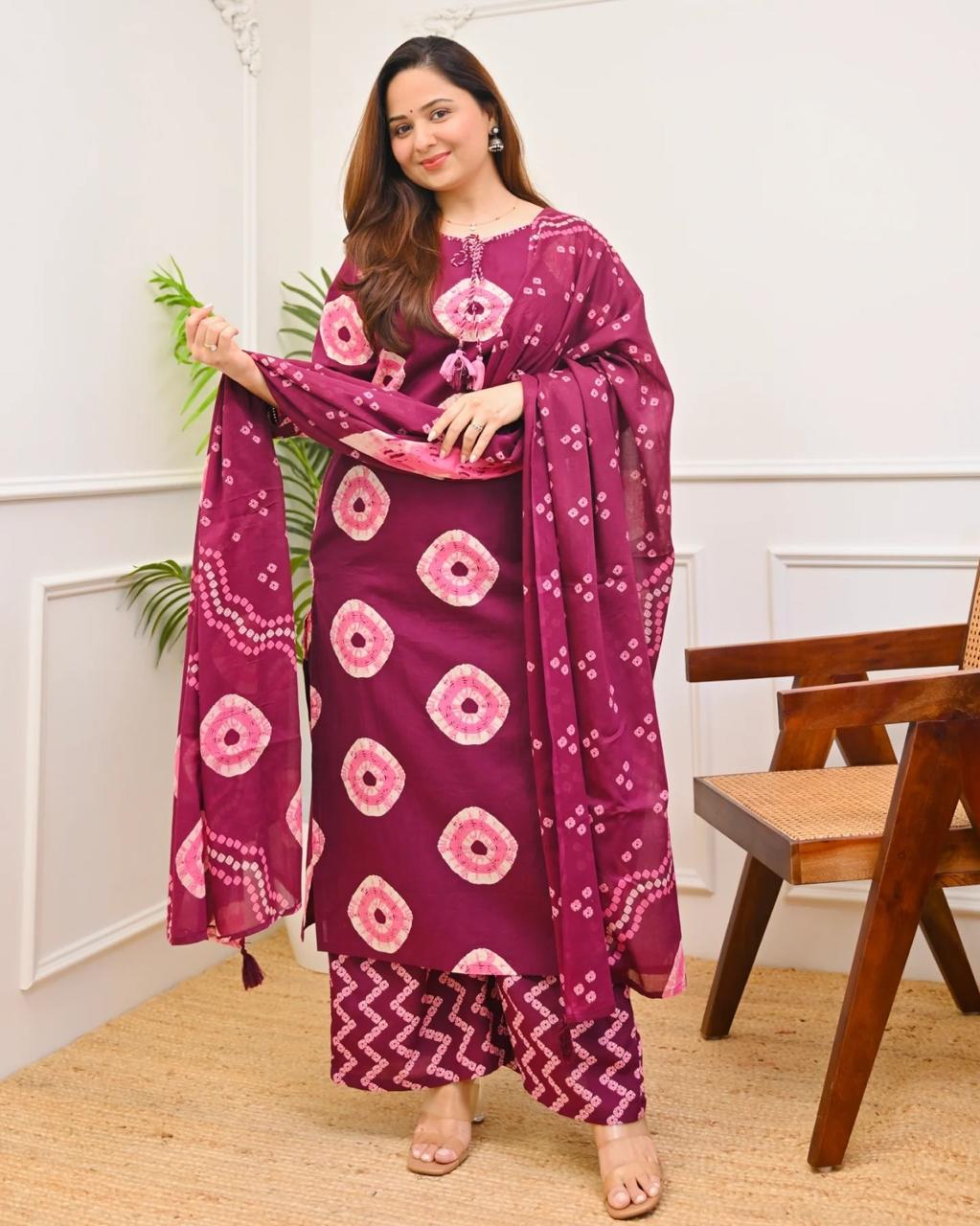 Wine Bandhani Cotton Kurti Pant Dupatta Set