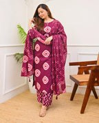 Wine Bandhani Cotton Kurti Pant Dupatta Set