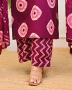 Wine Bandhani Cotton Kurti Pant Dupatta Set
