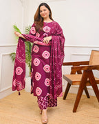 Wine Bandhani Cotton Kurti Pant Dupatta Set