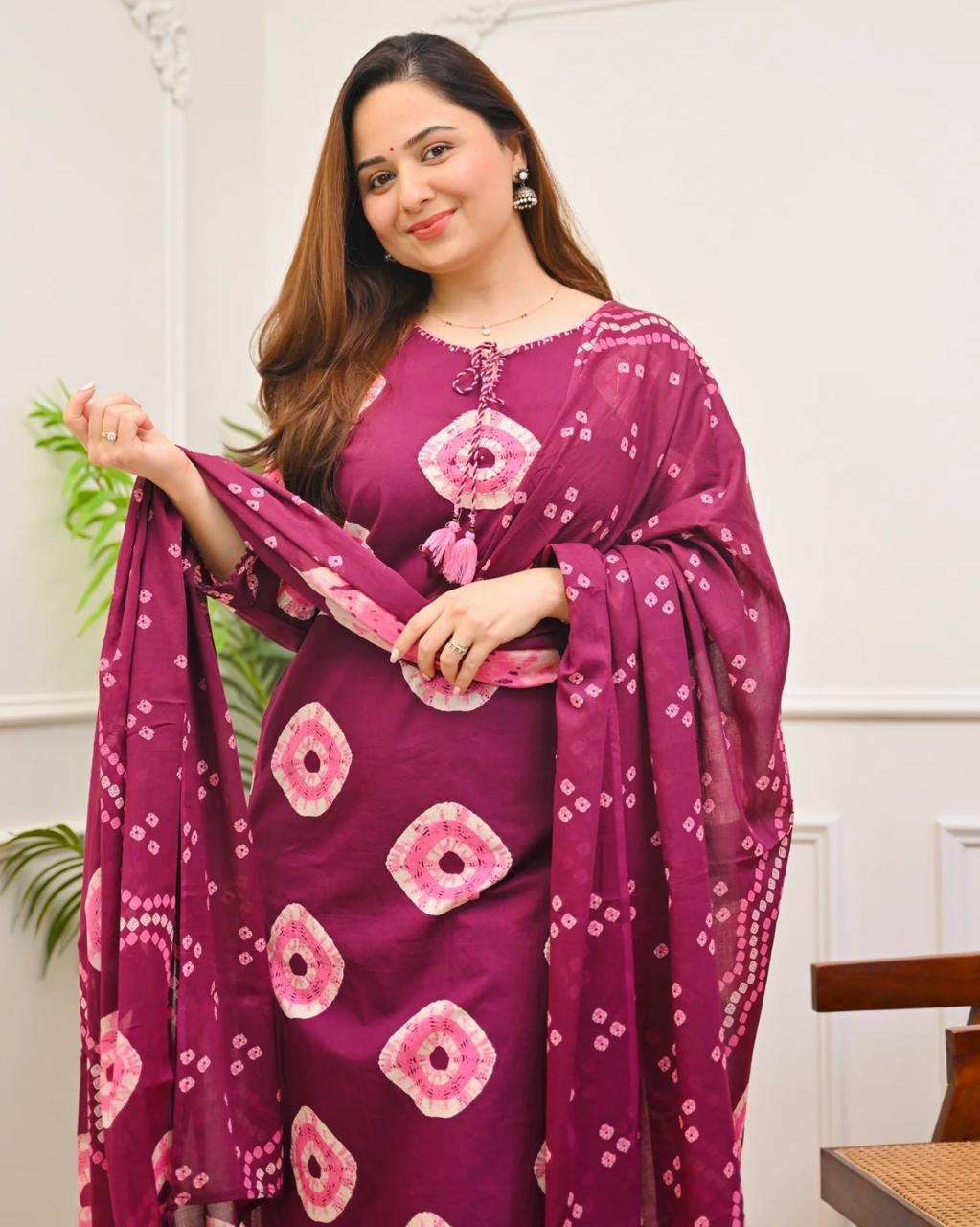 Wine Bandhani Cotton Kurti Pant Dupatta Set