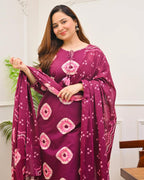 Wine Bandhani Cotton Kurti Pant Dupatta Set