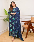 Navy Blue Bandhani Printed Cotton Kurti Pant Dupatta Set