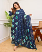 Navy Blue Bandhani Printed Cotton Kurti Pant Dupatta Set