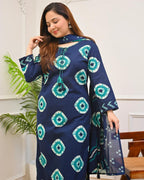 Navy Blue Bandhani Printed Cotton Kurti Pant Dupatta Set