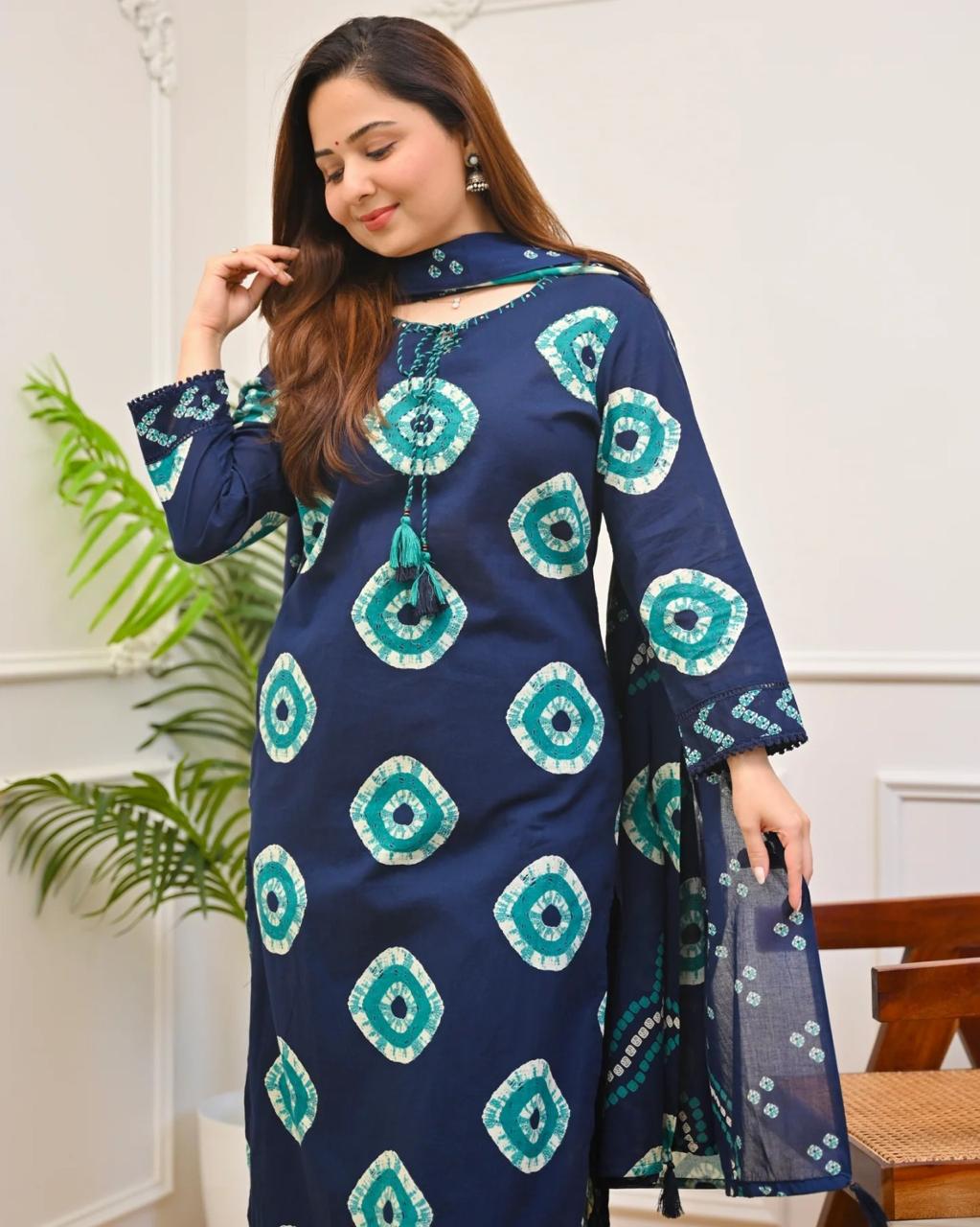Navy Blue Bandhani Printed Cotton Kurti Pant Dupatta Set