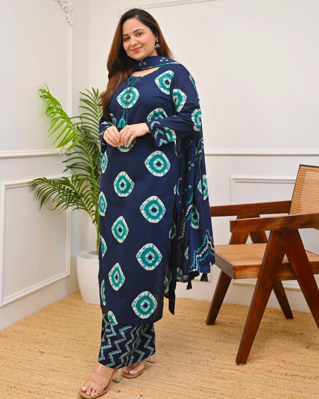 Navy Blue Bandhani Printed Cotton Kurti Pant Dupatta Set