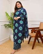 Navy Blue Bandhani Printed Cotton Kurti Pant Dupatta Set