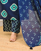 Navy Blue Bandhani Printed Cotton Kurti Pant Dupatta Set