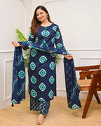 Navy Blue Bandhani Printed Cotton Kurti Pant Dupatta Set
