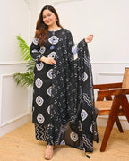Black Bandhani Printed Cotton Kurti Pant Dupatta Set