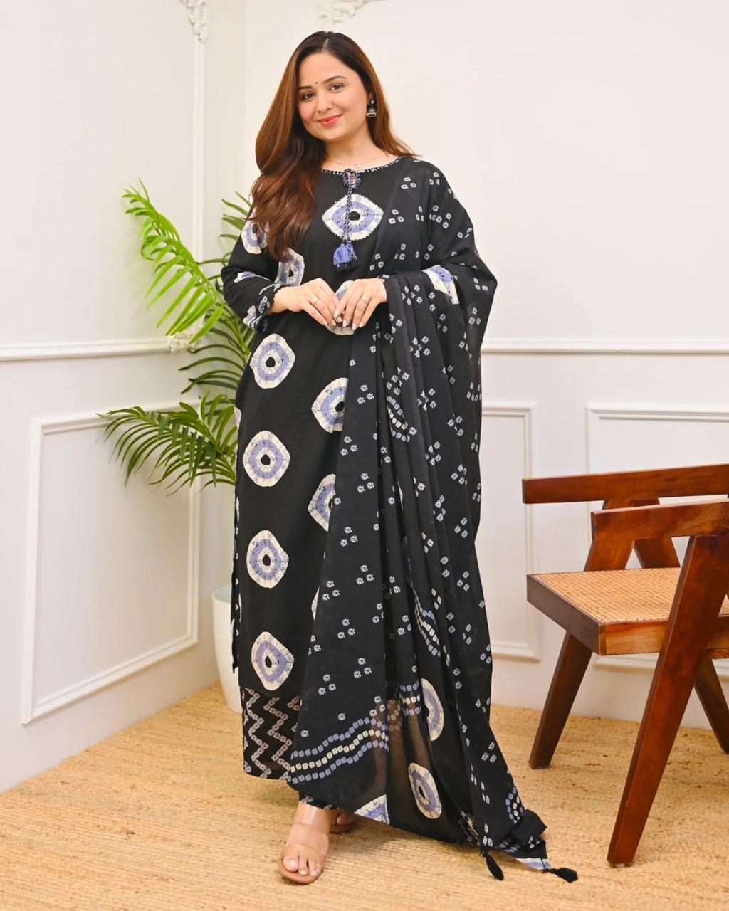 Black Bandhani Printed Cotton Kurti Pant Dupatta Set