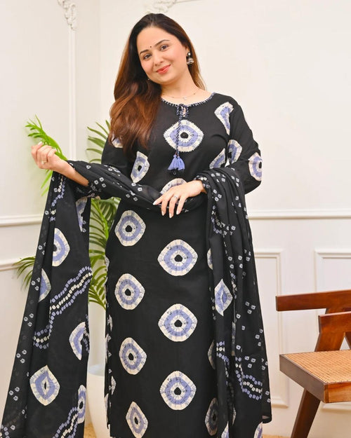 Black Bandhani Printed Cotton Kurti Pant Dupatta Set