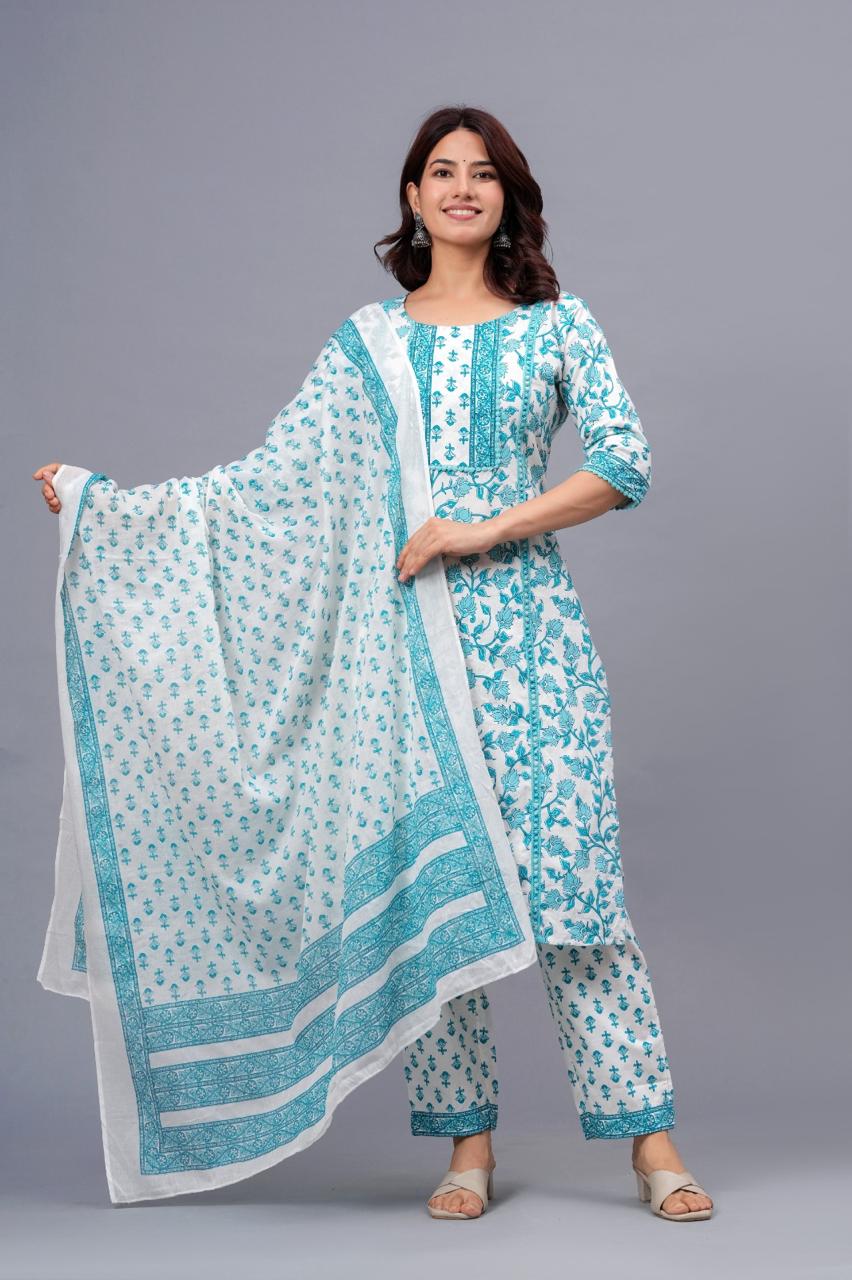Sky Blue Floral Printed Cotton Suit Set