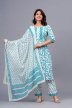 Sky Blue Floral Printed Cotton Suit Set