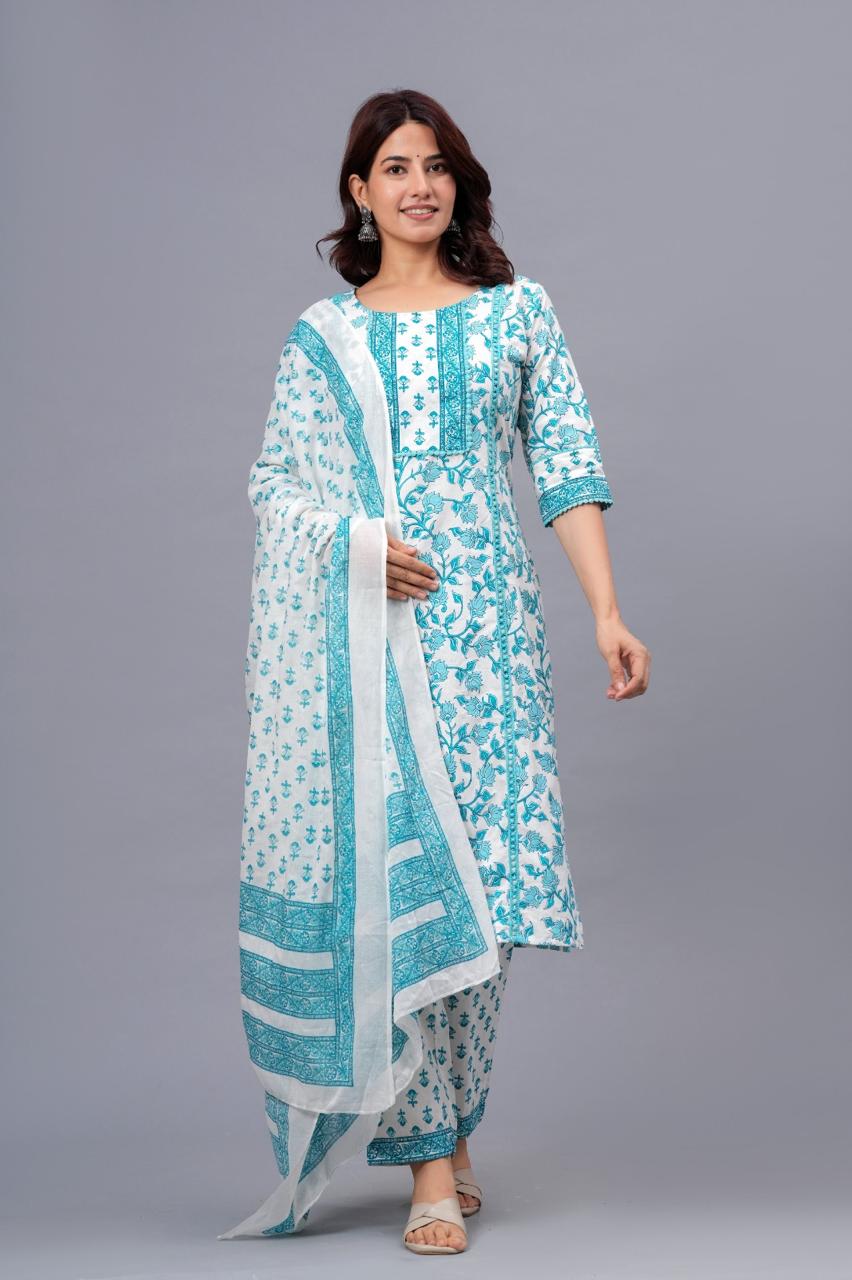 Sky Blue Floral Printed Cotton Suit Set