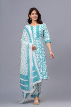 Sky Blue Floral Printed Cotton Suit Set