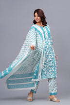 Sky Blue Floral Printed Cotton Suit Set