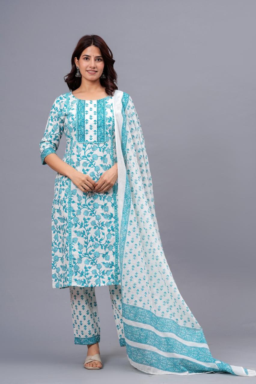 Sky Blue Floral Printed Cotton Suit Set