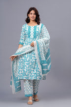 Sky Blue Floral Printed Cotton Suit Set