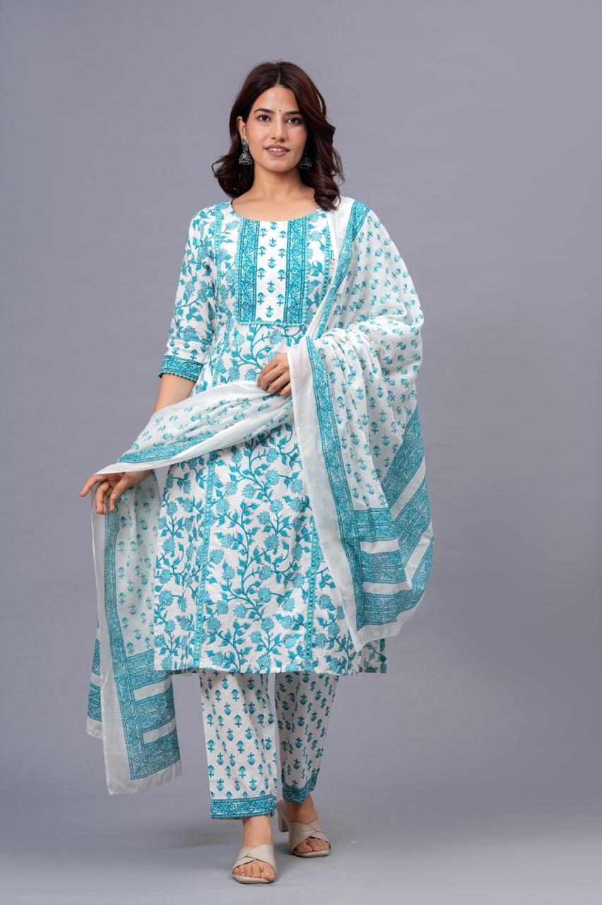 Sky Blue Floral Printed Cotton Suit Set