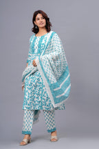 Sky Blue Floral Printed Cotton Suit Set