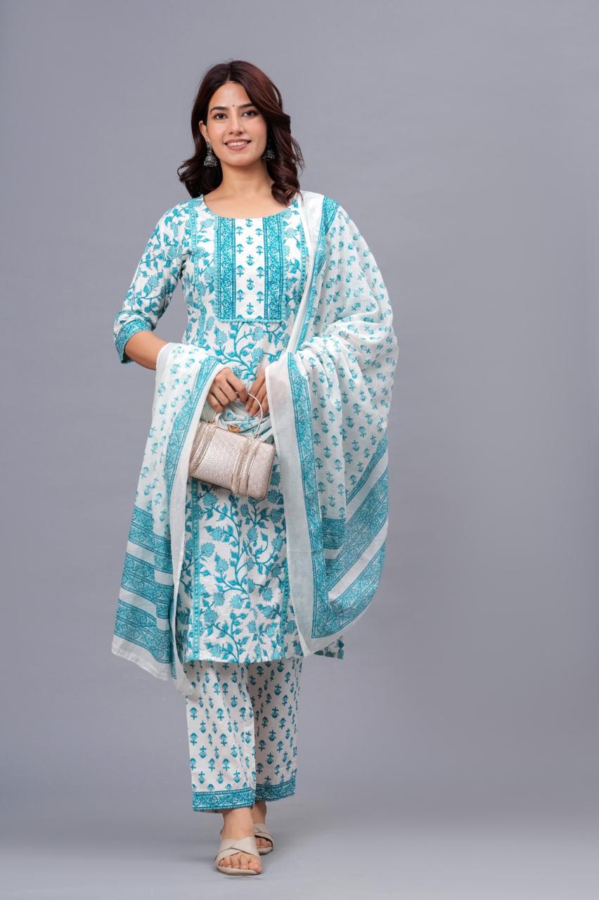 Sky Blue Floral Printed Cotton Suit Set