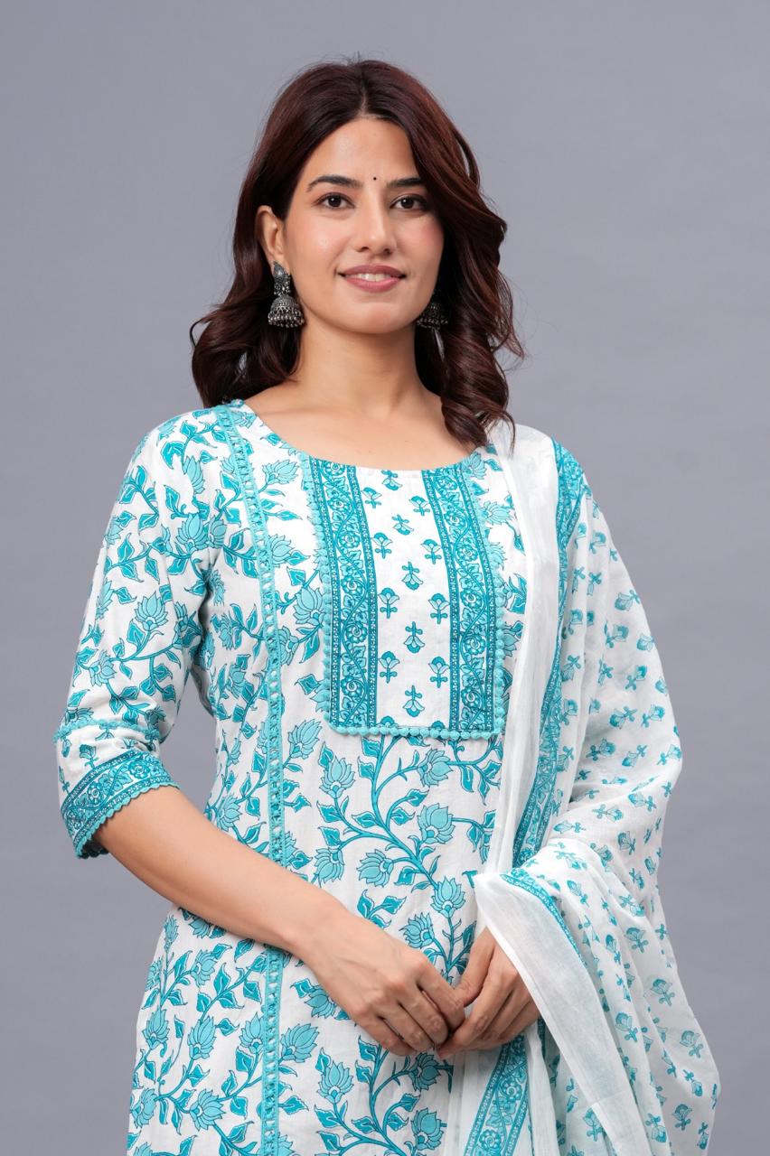 Sky Blue Floral Printed Cotton Suit Set