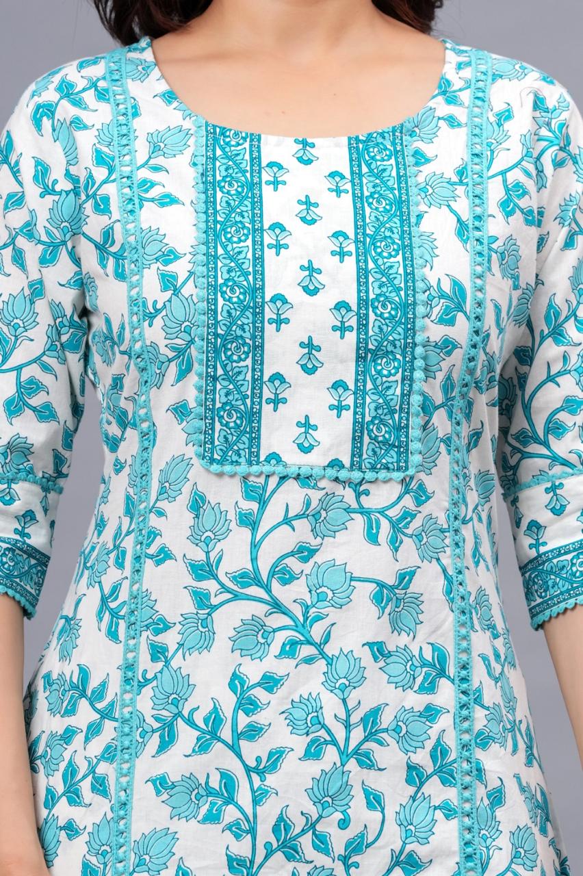 Sky Blue Floral Printed Cotton Suit Set