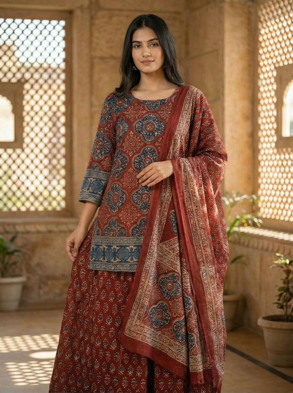 Rust Brown Ajrakh Printed Cotton Suit Set for Women