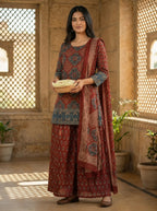 Rust Brown Ajrakh Printed Cotton Suit Set for Women