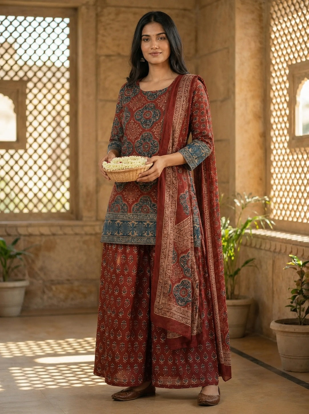 Rust Brown Ajrakh Printed Cotton Suit Set for Women