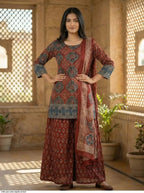 Rust Brown Ajrakh Printed Cotton Suit Set for Women