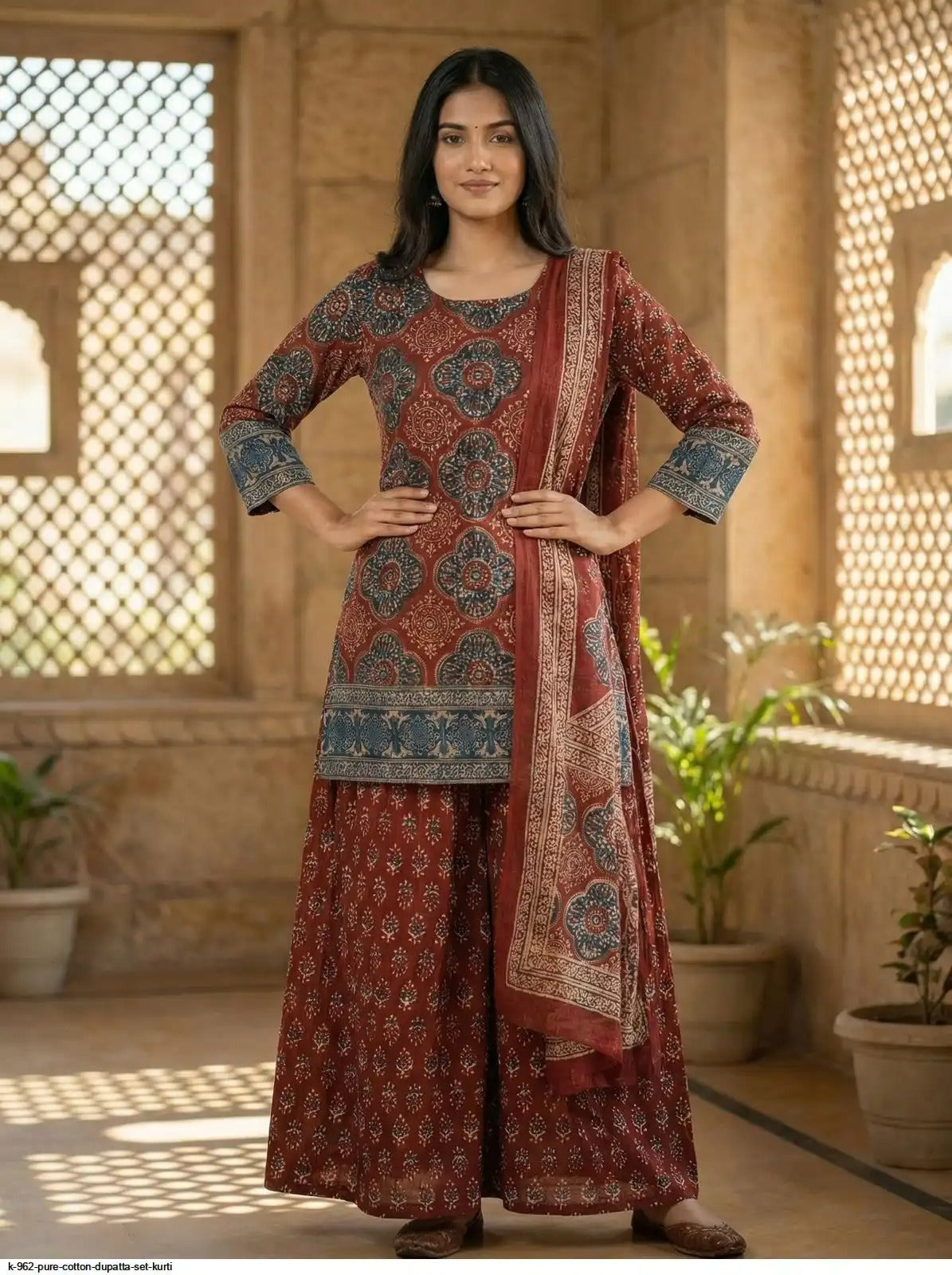 Rust Brown Ajrakh Printed Cotton Suit Set for Women