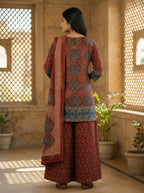 Rust Brown Ajrakh Printed Cotton Suit Set for Women