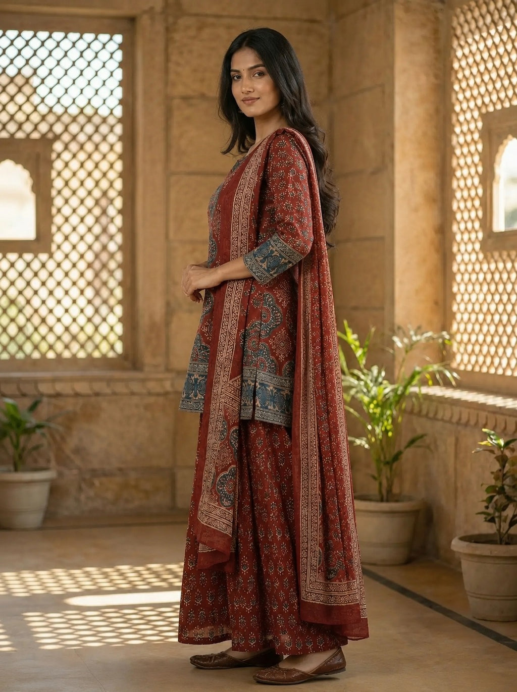 Rust Brown Ajrakh Printed Cotton Suit Set for Women
