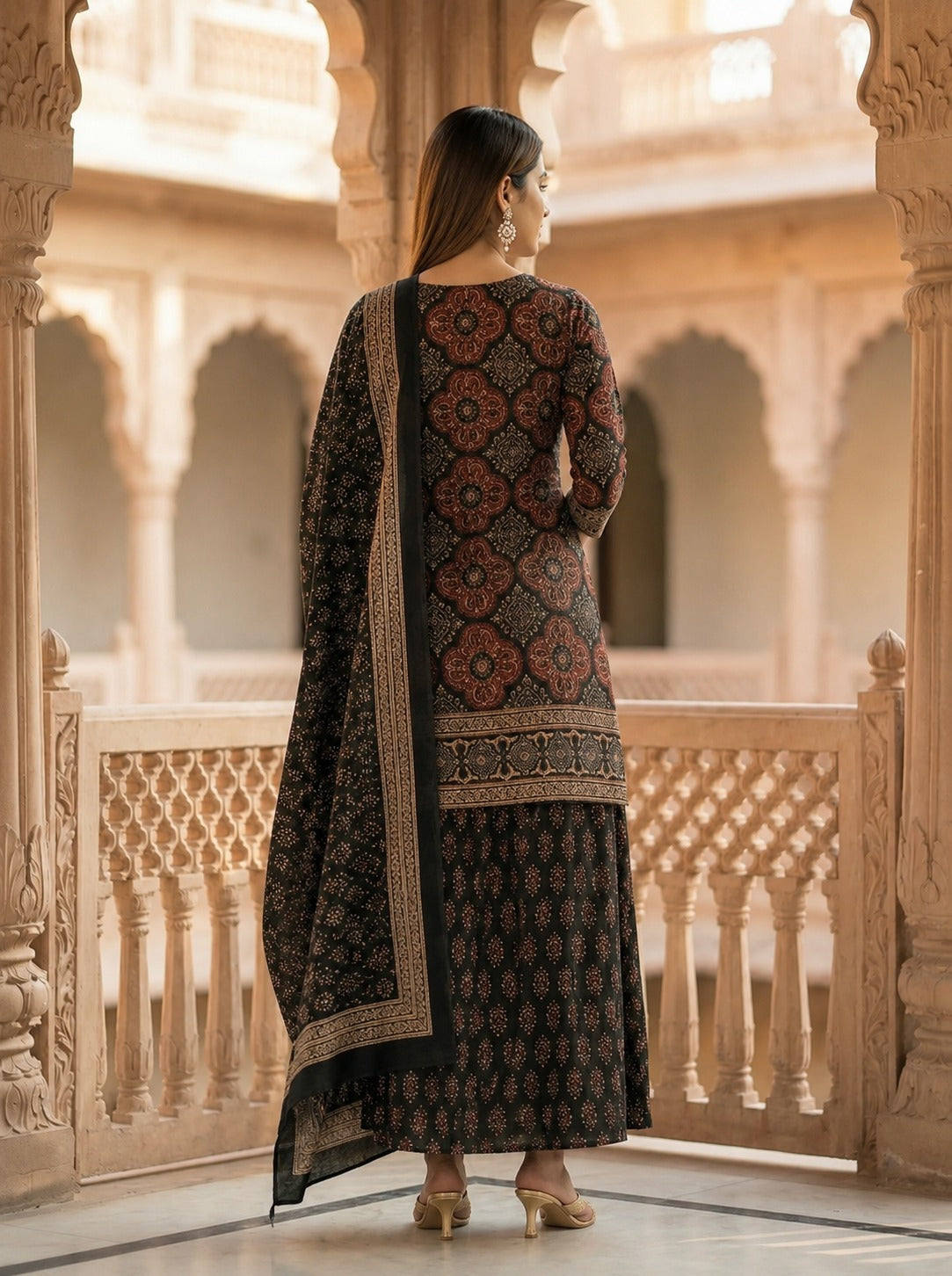 Black Ajrakh Printed Cotton Suit Set for Women