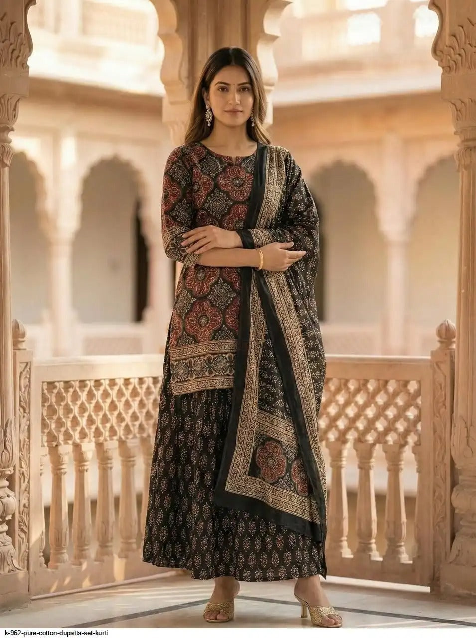 Black Ajrakh Printed Cotton Suit Set for Women