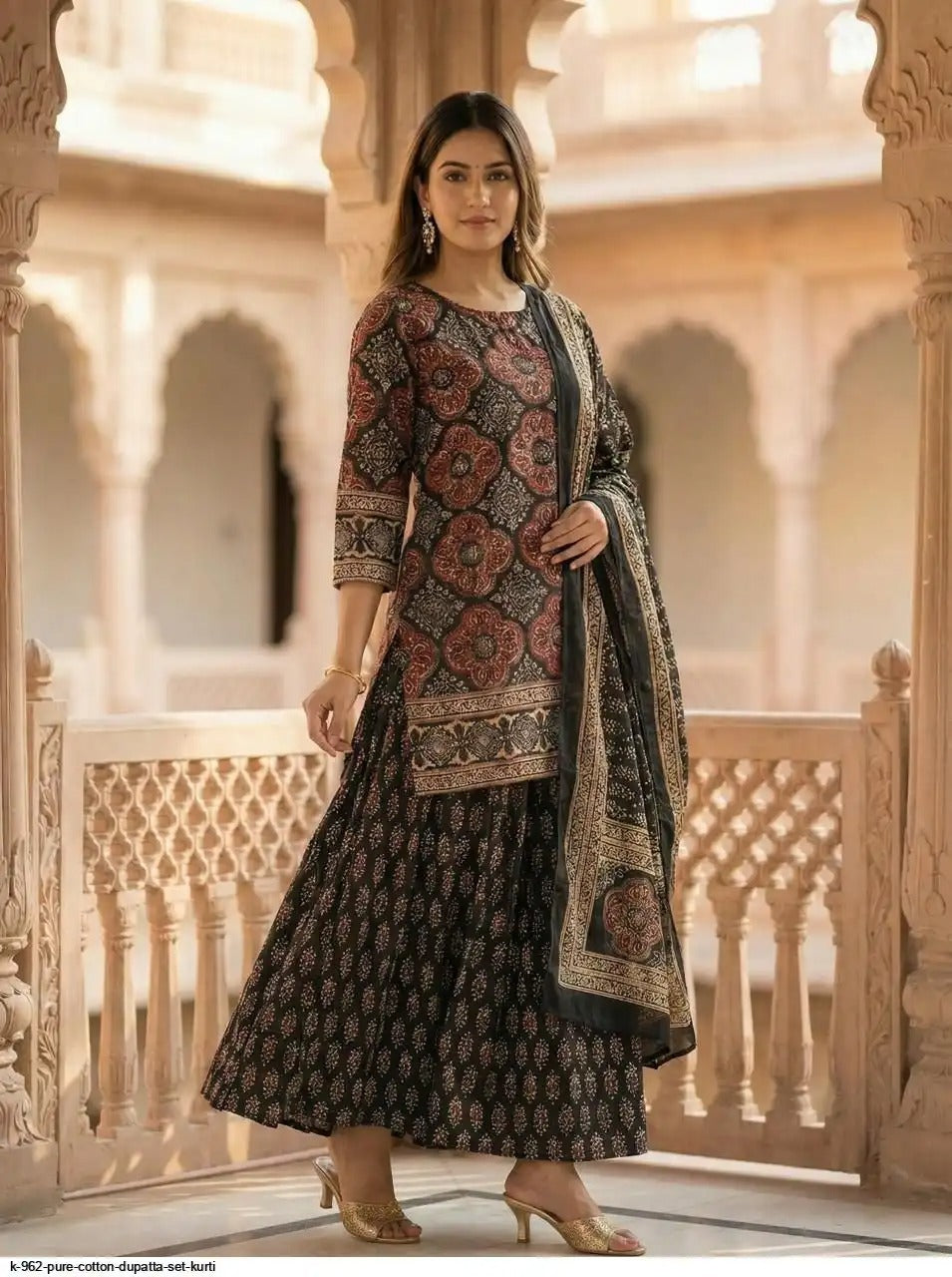 Black Ajrakh Printed Cotton Suit Set for Women