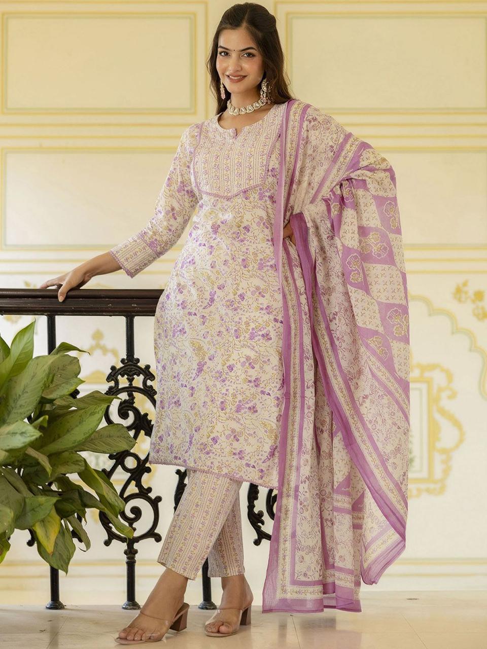 Lavender Floral Printed Suit Set With Dupatta