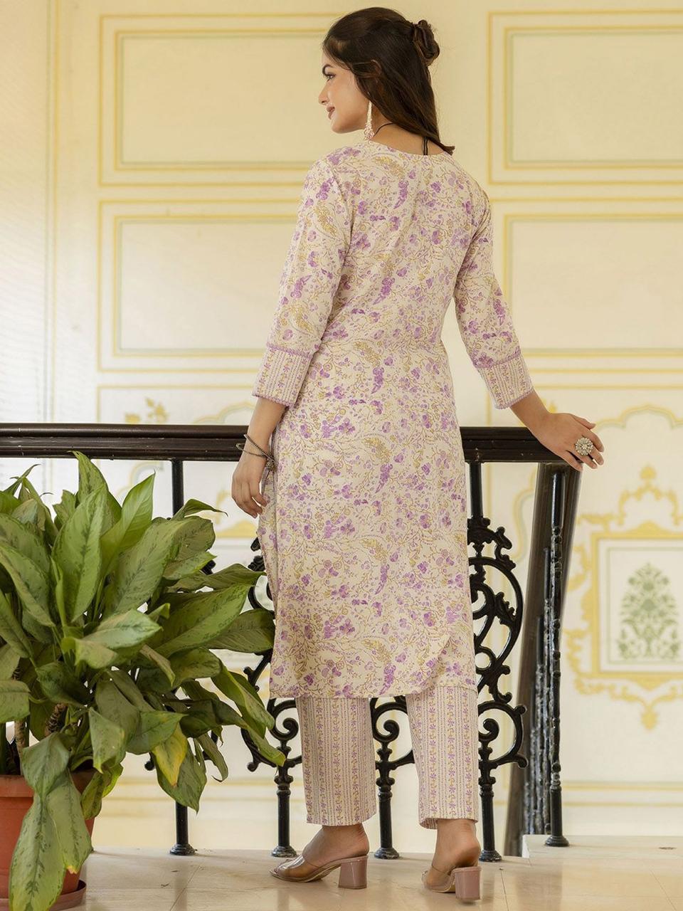 Lavender Floral Printed Suit Set With Dupatta