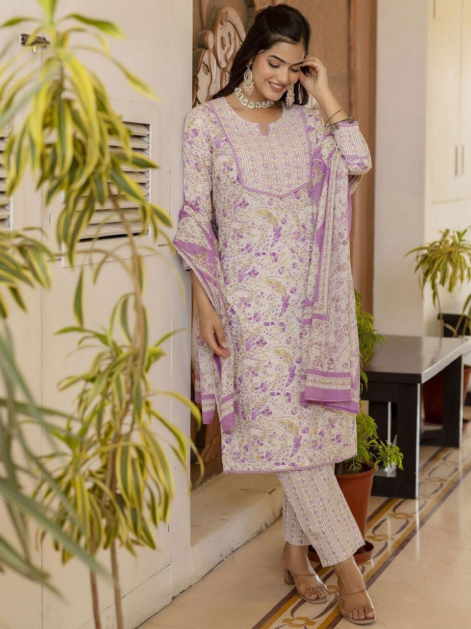 Lavender Floral Printed Suit Set With Dupatta