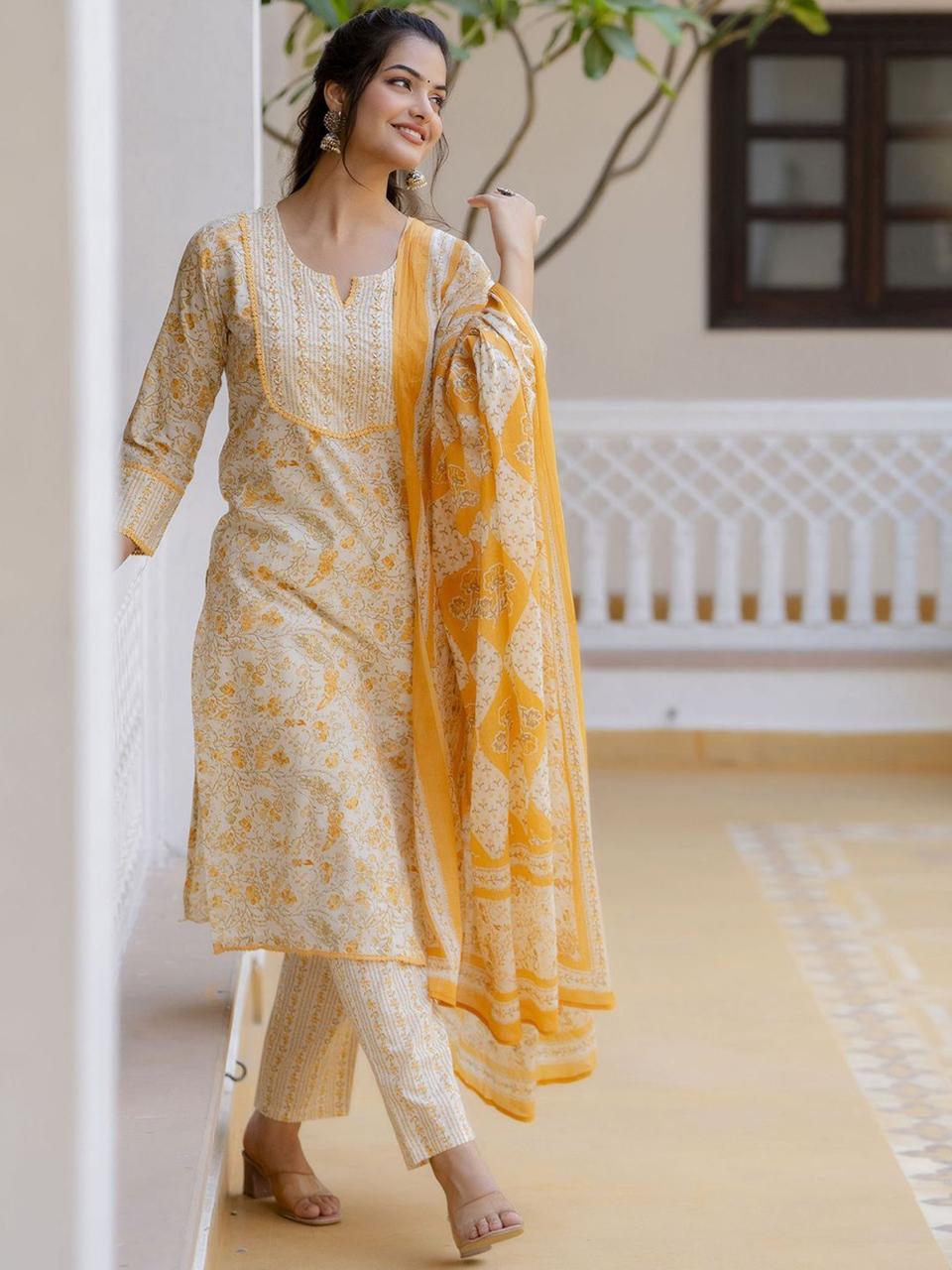 Yellow Floral Printed Suit Set With Dupatta