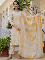 Yellow Floral Printed Suit Set With Dupatta