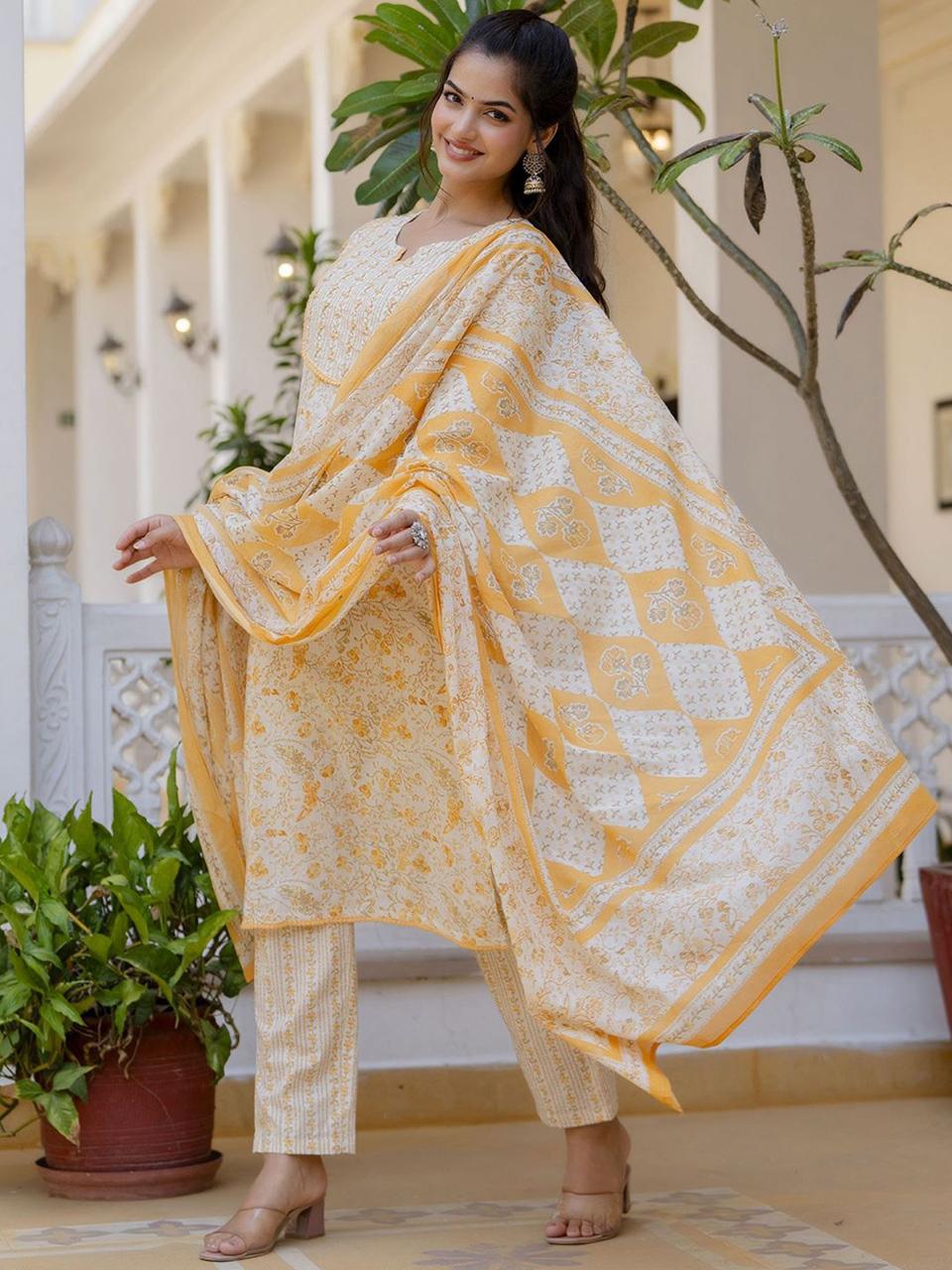 Yellow Floral Printed Suit Set With Dupatta