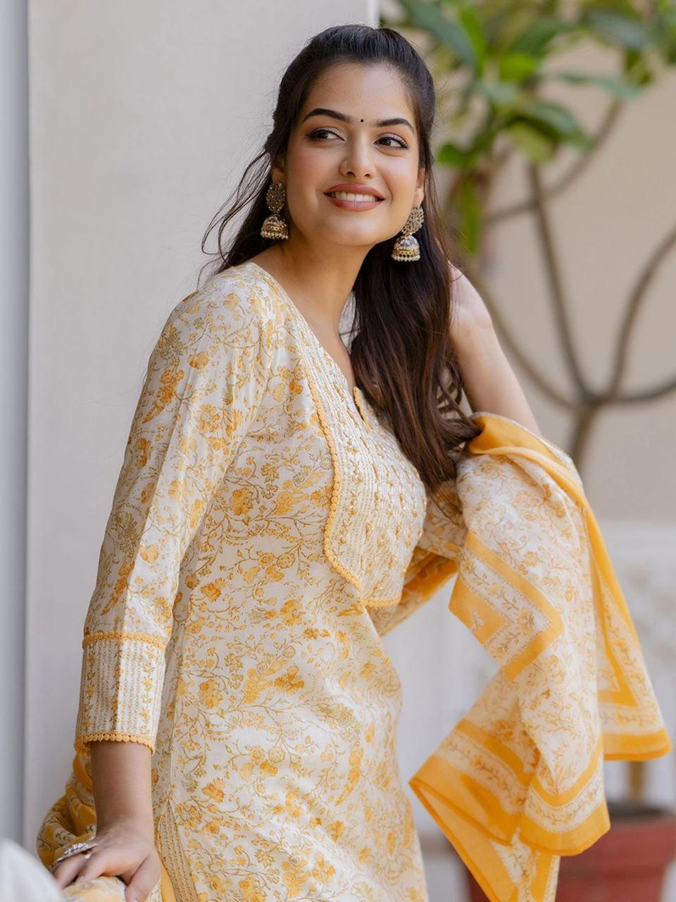 Yellow Floral Printed Suit Set With Dupatta