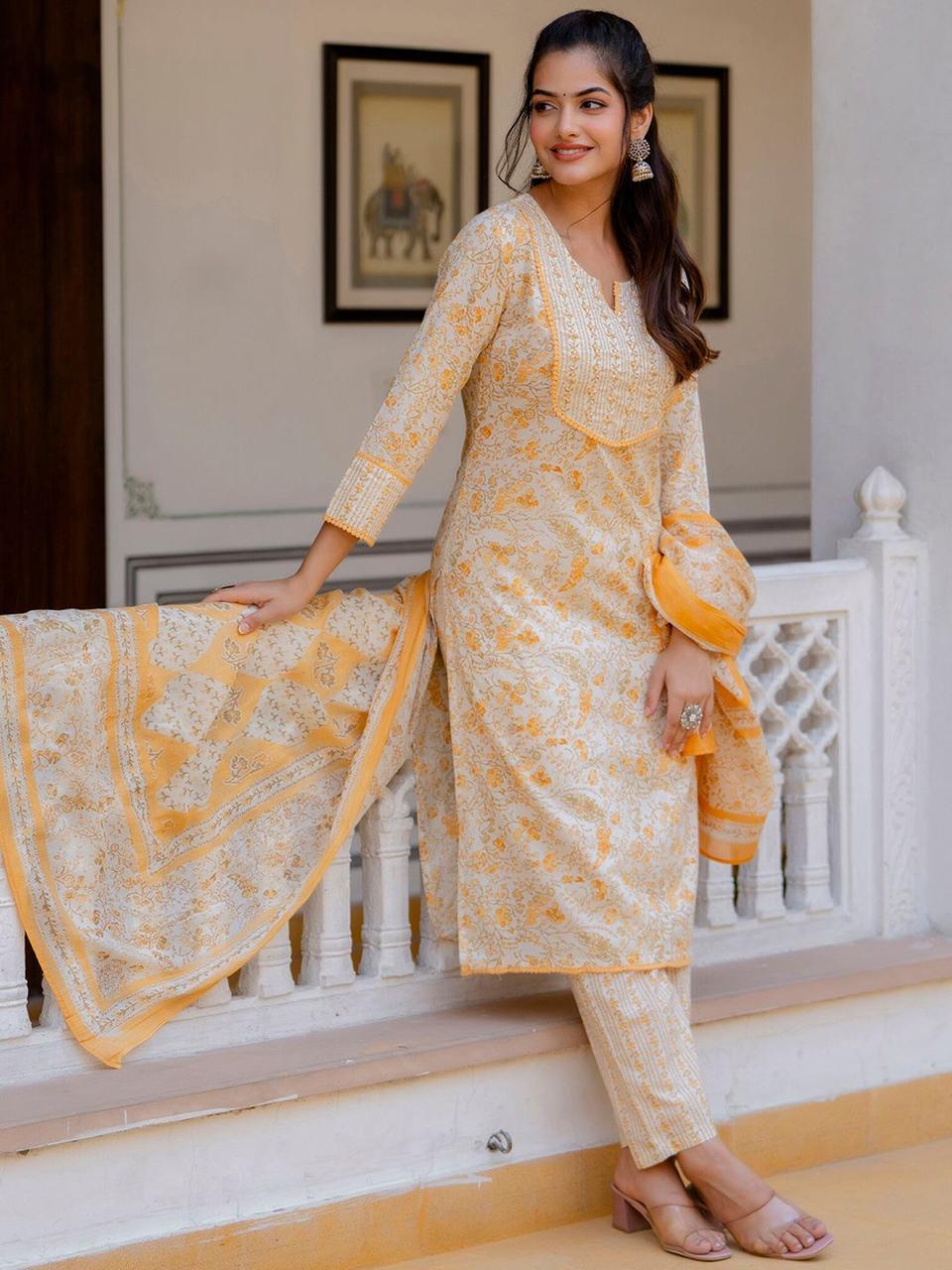 Yellow Floral Printed Suit Set With Dupatta