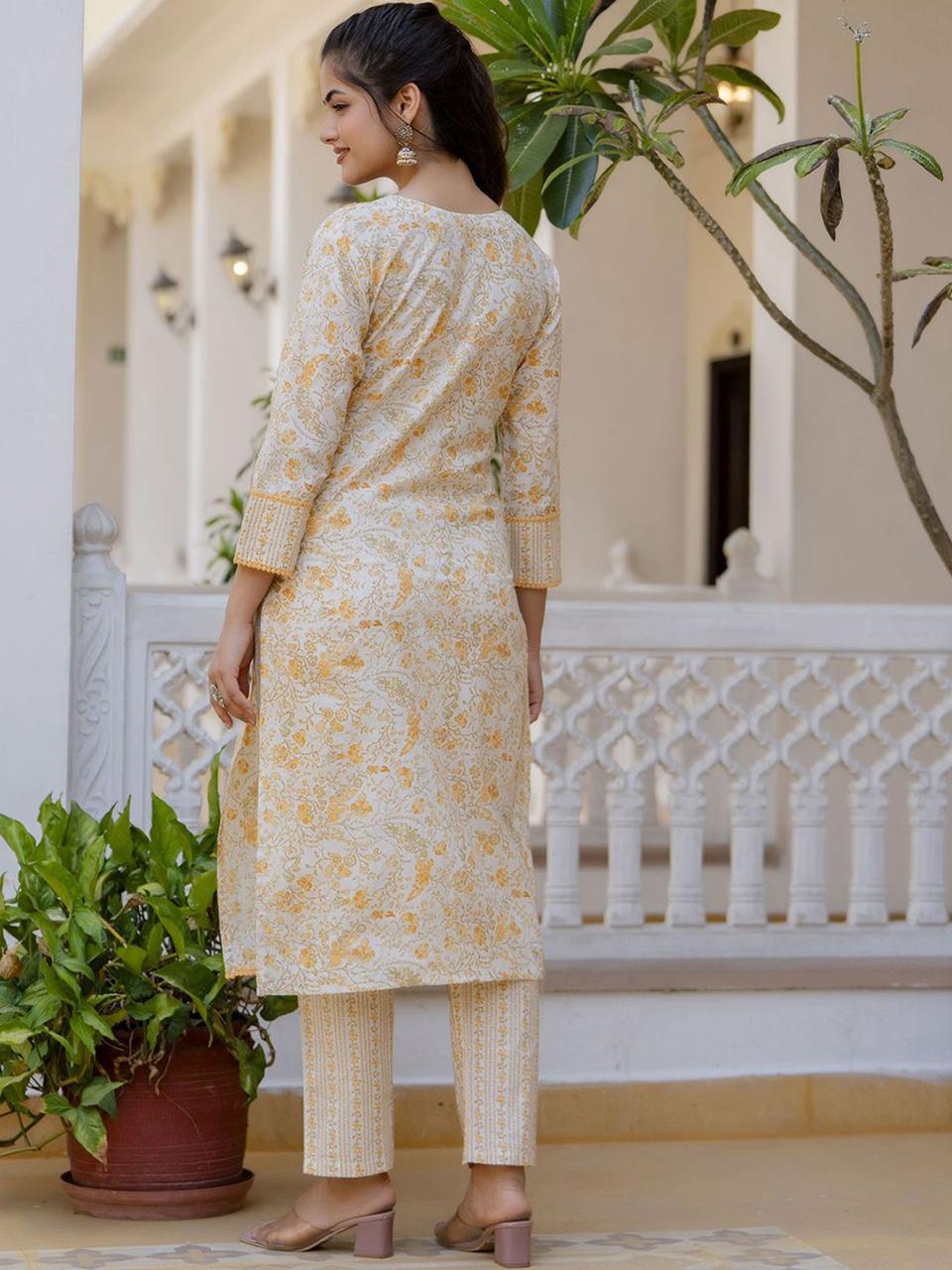Yellow Floral Printed Suit Set With Dupatta
