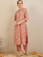 Peach Floral Printed Cotton Suit Set