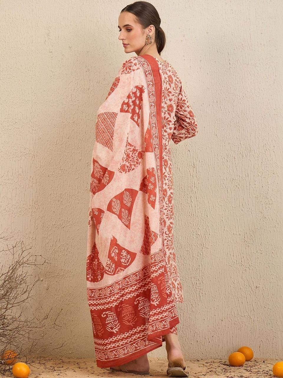 Peach Floral Printed Cotton Suit Set
